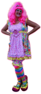 A Woman in a Clown Costume With a Pink Color Wig